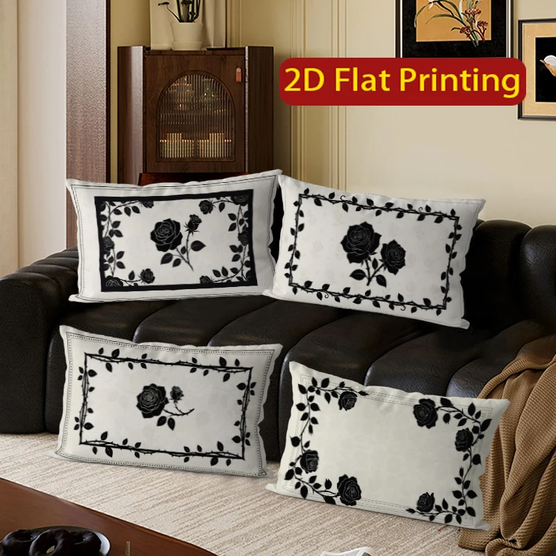 Vintage Gothic Black Rose Pillow Cases Suitable For Sofa Bedroom Car Pillow Cover Cushion Rectangular Back Cushion