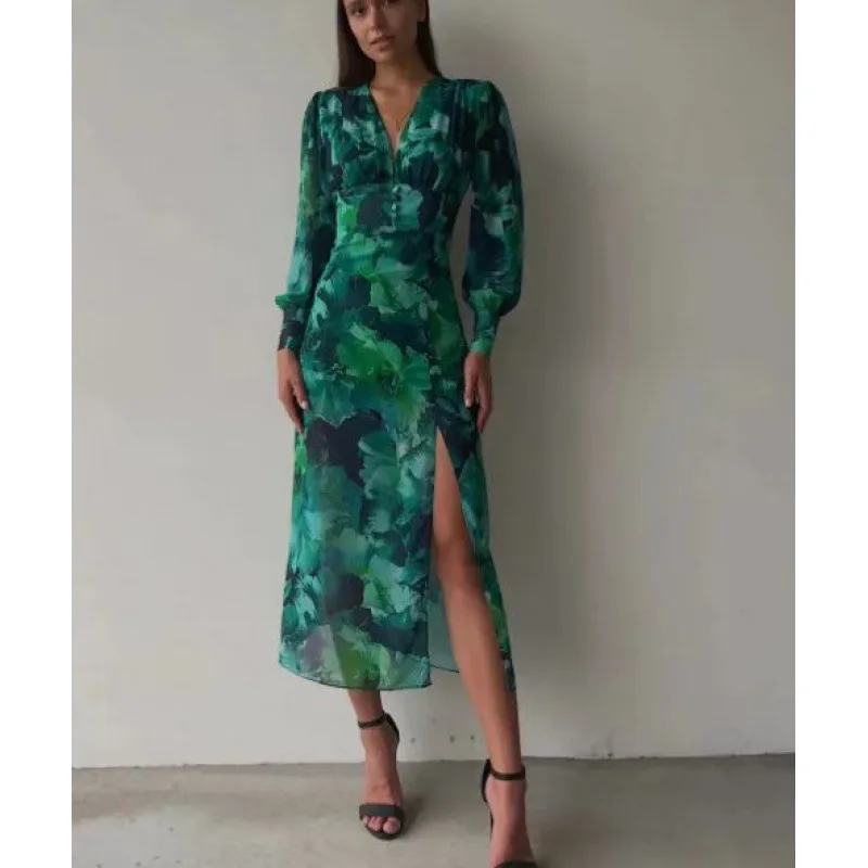 Womens Leisure Print Maxi Dress Retro Casual Long Sleeve V Collar Slim Fit Summer Autumn Dresses Vintage Office Lady Vestidos