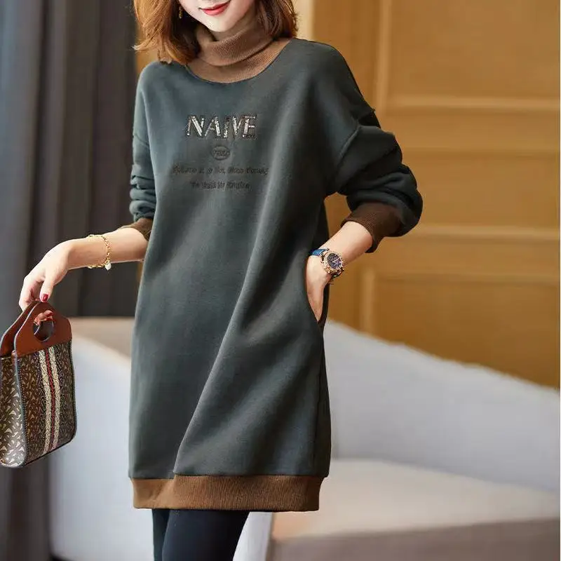 Fashion Loose Solid Color Spliced Turtleneck Tops Autumn Winter Casual Pockets Thick Embroidery Sweatshirts Female Clothing 2023