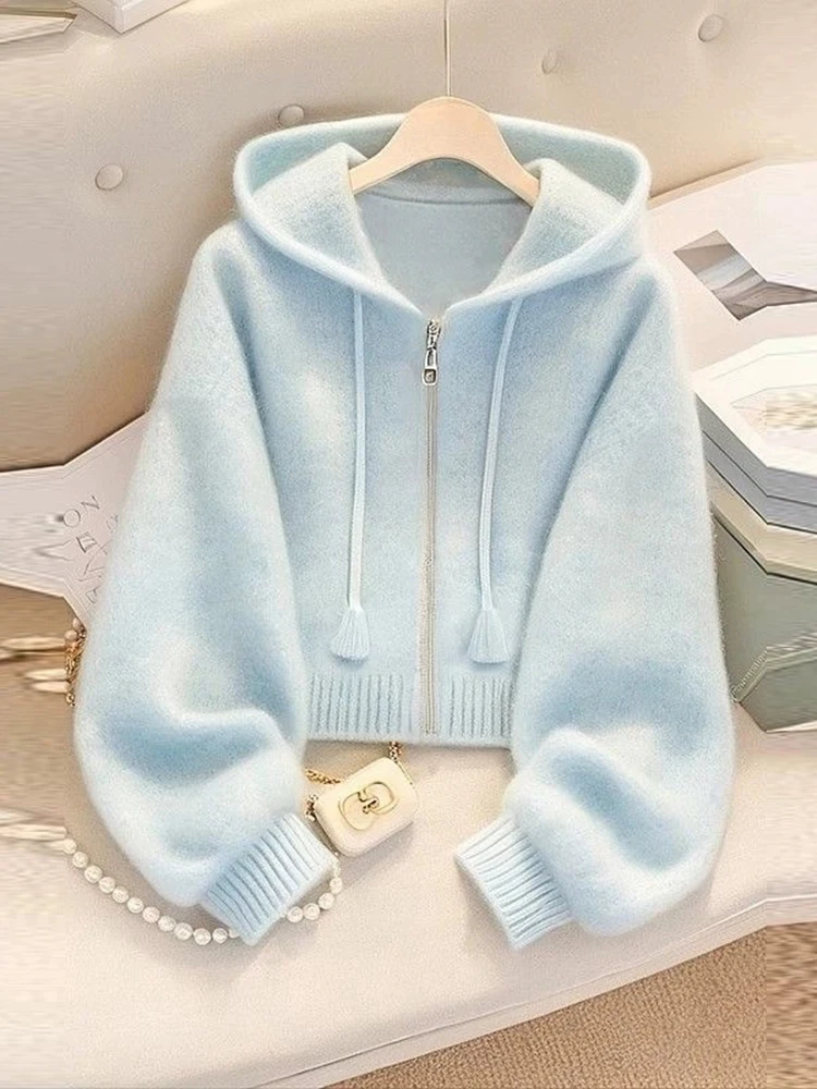 Zoki Fashion Soft Blue Cardigan Sweaters Women Long Sleeve Elegant Knitted Jacket Sweet Design Female Casual Hooded Outwear Tops