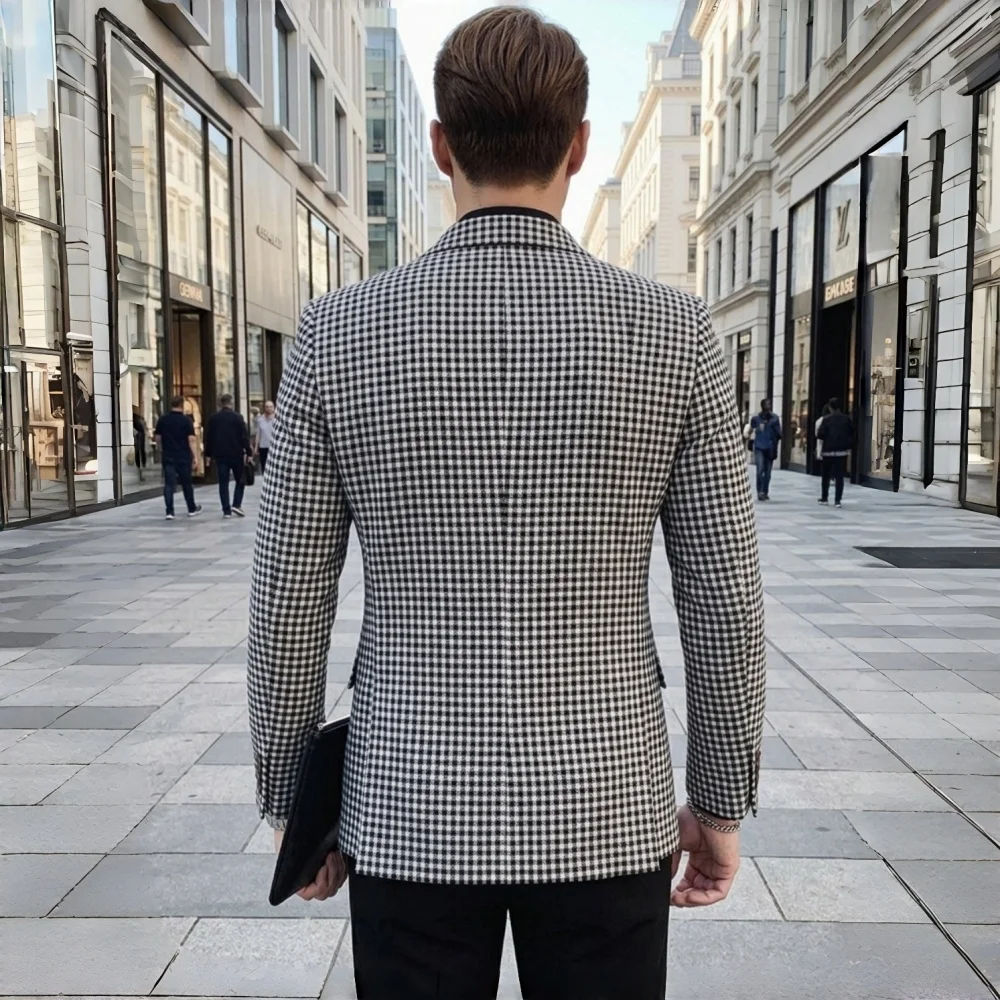 Slim Fit Plaid Men Suit Jacket 1 Piece Double Breasted Houndstooth Check Male Blazer For Wedding Prom Party tweed blazer coats