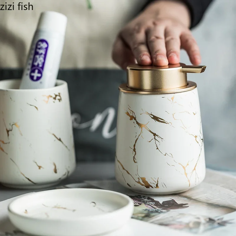 Marbling Texture Ceramic Bathroom Set Portable Soap Dispenser Mouthwash Cup Toothbrush Cup Lotion Bottle Soap Box Bath Supplies