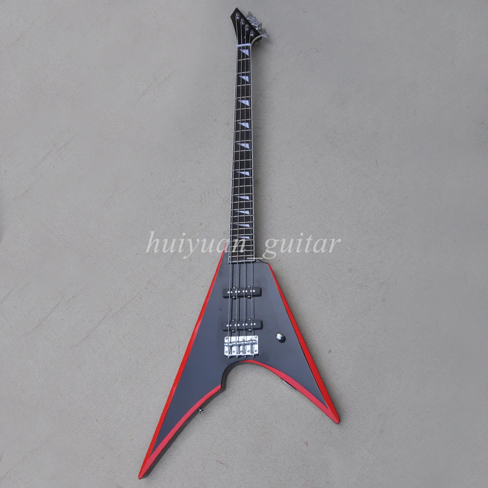 Flyoung 4 Strings Black V Electric Bass Guitar with Red Trim Rosewood Fretboard 24 Frets