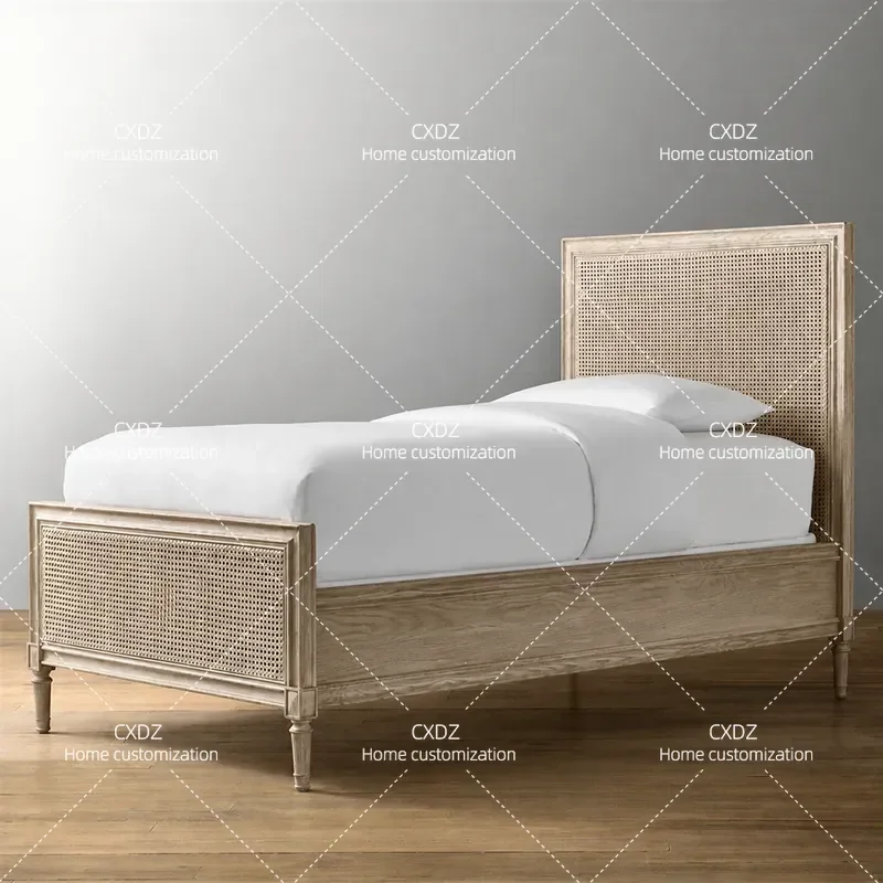 American Simple Solid Wood Bed Single Rural Pastoral Rattan Bed Full Size Household Furniture