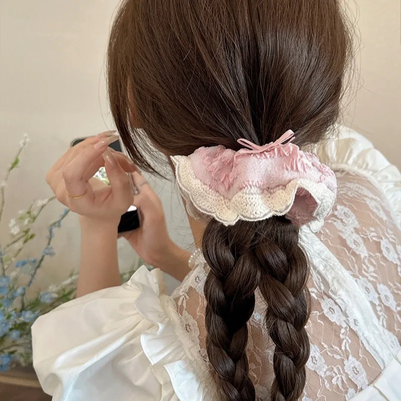 Korea Sweet Pink Girls Bow Pearl Scrunchie Headdress for Women 2024 Fashion Ribbon Lace Princess Exquisite Hair Band Accessories