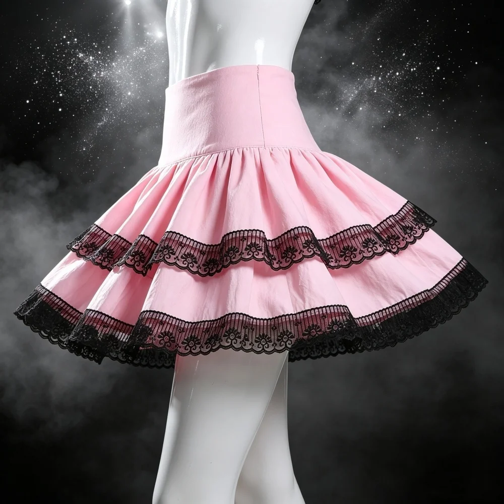 Academy Style Pink Double Lace Stitched A-line Skirt for Women New Harajuku Vintage Gothic Skirt Casual Streetwear Daily Bottoms