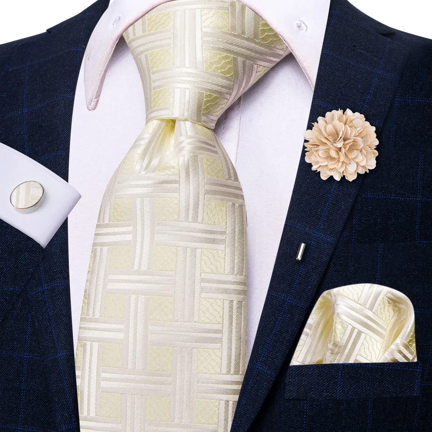 

2023 Plaid Ivory Champagne Silk Business Tie For Men Luxury 8.5cm Hanky Cufflink Brooch Men Necktie Wedding Tie Hi-Tie Designer