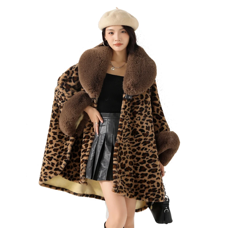 4 Colors Lady Loose Faux Fur Woolen Leopard Capes Women Winter Warm Thicken Batwing Sleeves Loose Cloak Streetwear Overcoat