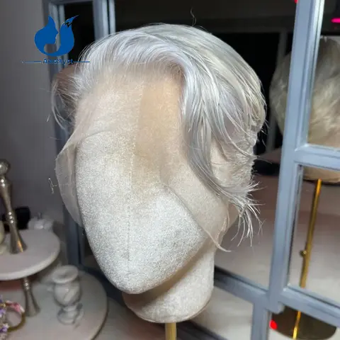 아메시스트 화이트 플래티넘 블론드 숏 픽시컷 가발 브라질 레미 헤어 풀 레이스 가발 남성용 사이드버드 포함 프리 플러킹 # 60