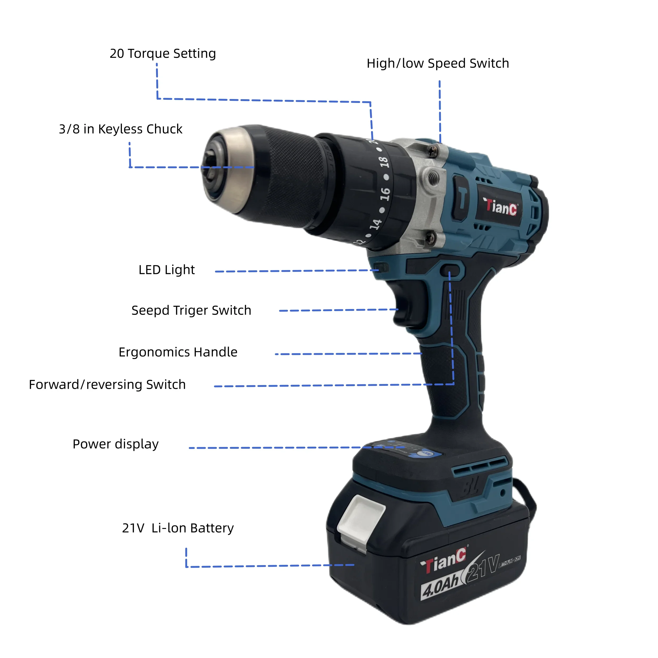 2-Speed Rechargeable Wireless Power Drills Portable Cordless Impact Drill Multifunction Lithium Electric Screwdriver Set