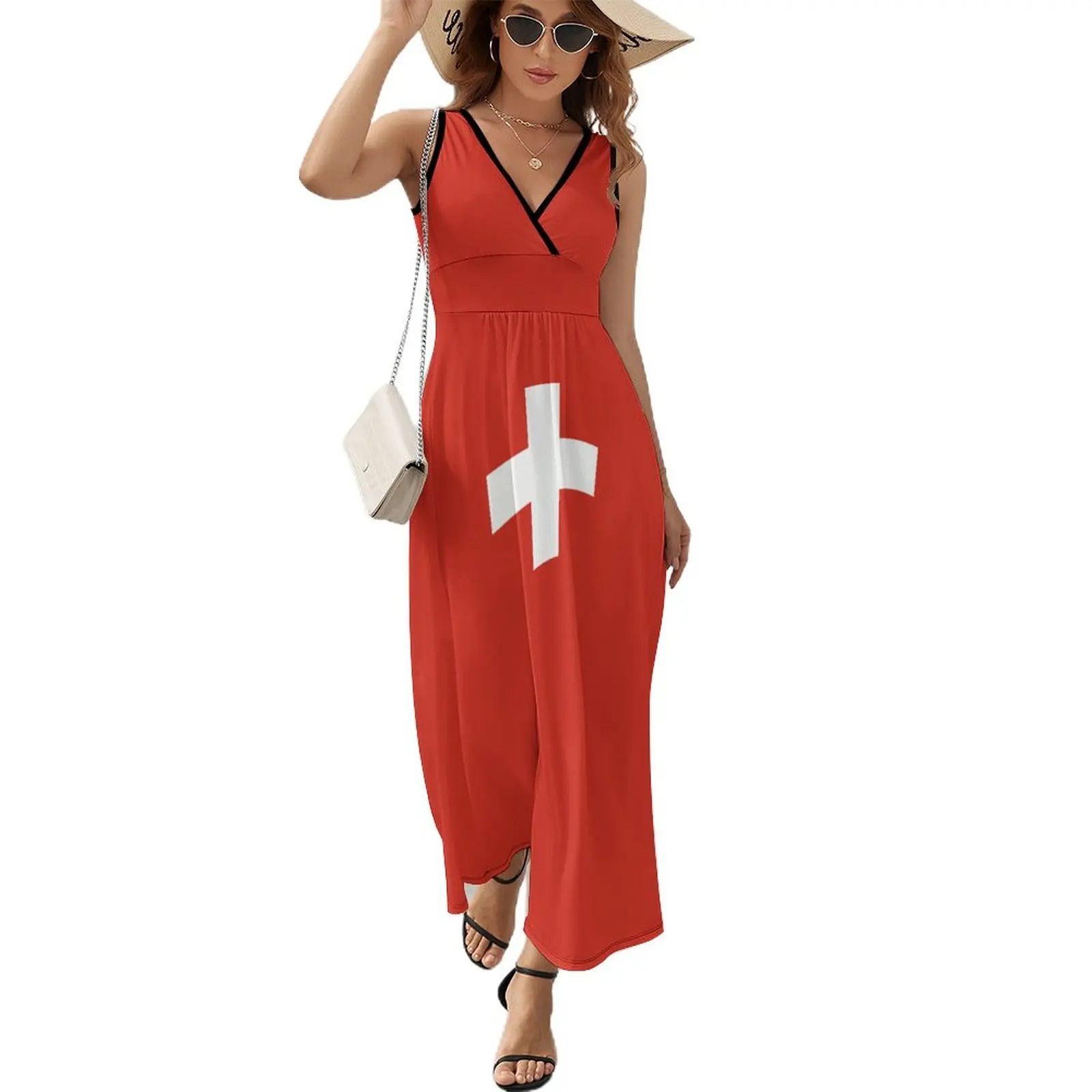 

Switzerland Flag Dress Vintage Maxi Dress Streetwear Boho Beach Long Dresses Sleeveless Custom Big Size Clothing