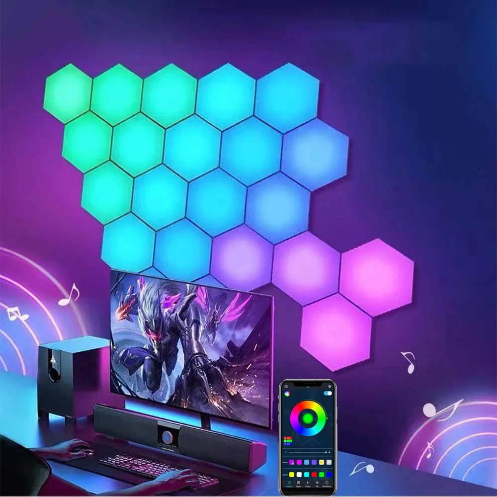 

RGB Intelligent Hexagonal Wall Lamp Color-changing Night Light DYI Shape Music Rhythm APP Control For Game Room Bedroom Decor