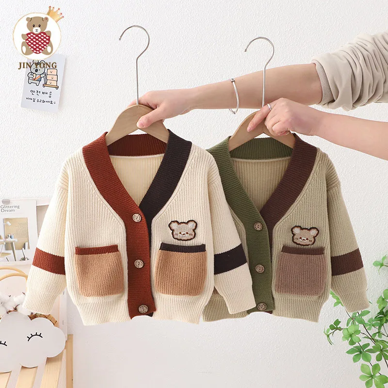 

Children's Contrasting Knitted Cardigan Spring Autumn Boys Girls Cute Bear Single Breasted Patchwork Casual Trendy Cool Jacket