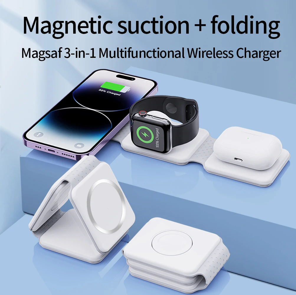 100W 3 in 1 Magnetic Wireless Charger Pad Macsafe Foldable for iPhone15 14 13 Pro Max Apple Watch 8 7 AirPods Fast Charging Dock