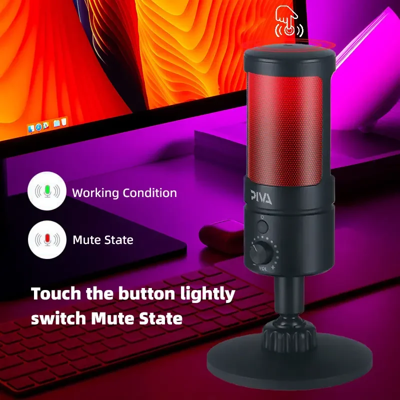 PIVA RGB light effect microphone with sound collection, no delay, live streaming, black on, zero delay, no driver microphone