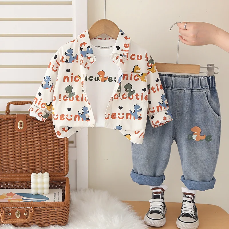 Autumn Boys Dinosaur Print Suit Set Korean Style 3-Piece Outfit with Letter Shirt&T Shirt &Jeans Casual Clothes for Kids 3