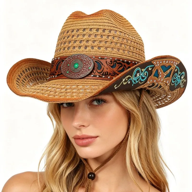 Hollow-out outdoor straw , western cowboy , turquoise with ethnic- embellishments, jazz-style retro hat