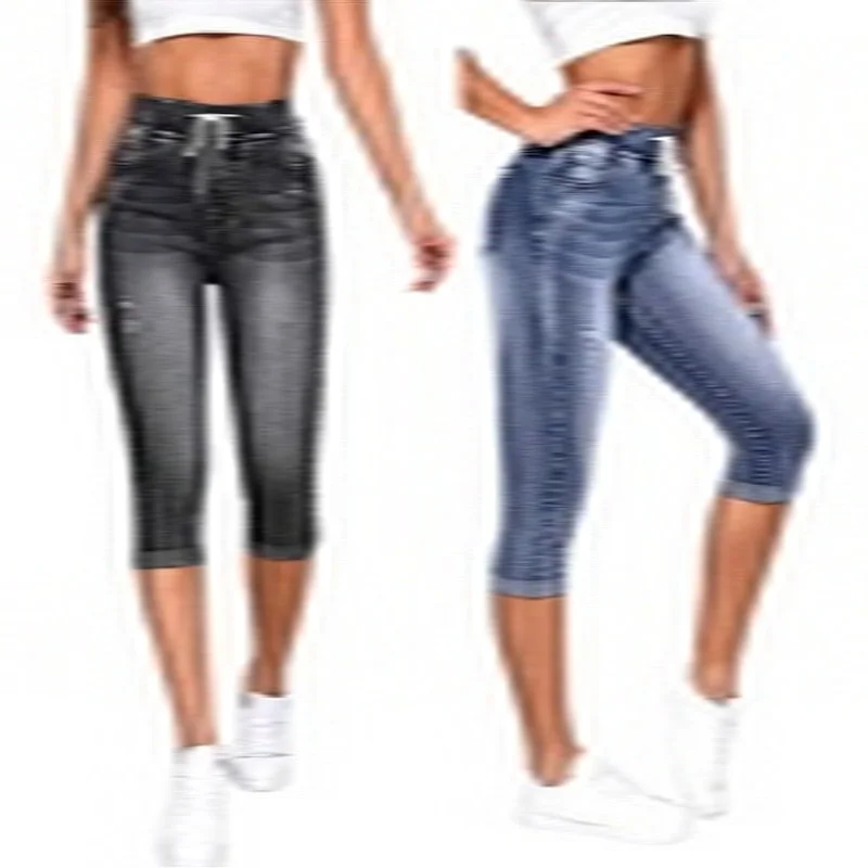 Women's Skinny Jeans Elastic Waist Drawstring Calf-Length Pants Summer High Elastic Denim Pencil Pants