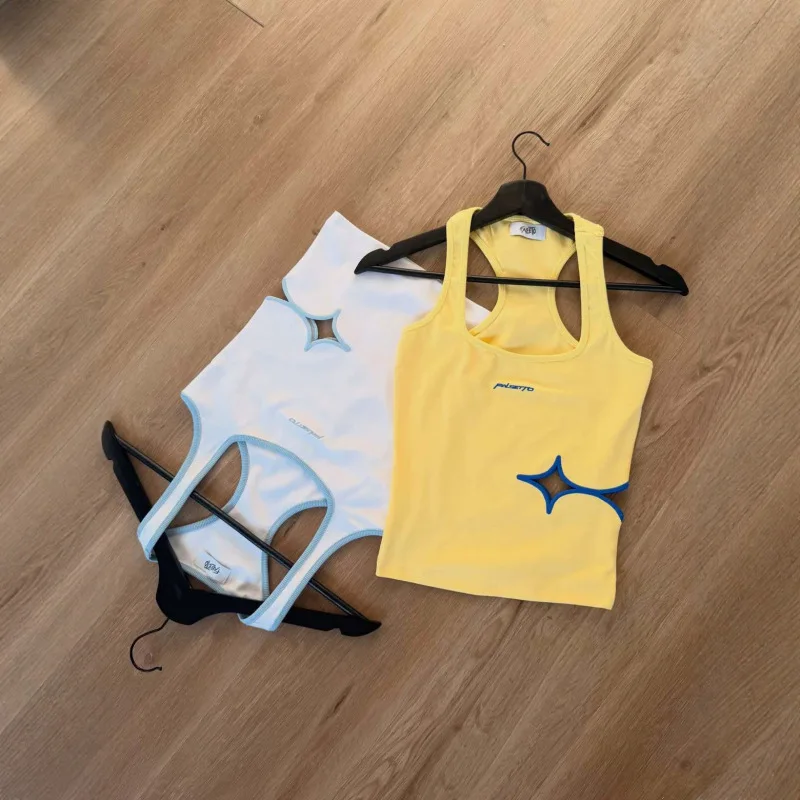 Y2K Star Cutout Tank Top Racerback Sleeveless Slim Fit Cropped Letter Embroidery Streetwear Baby Cami