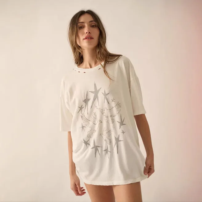 T-shirt ample et décontracté imprimé pour femmes, version Cleanfit H 2025, hiver d'âge moyen, 00% lin, autres matériaux 00%