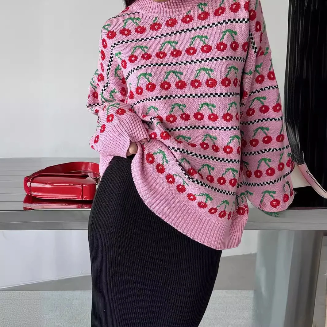 Sweter Rajutan Cherry Model Bulat Leher Tinggi Vintage Street Sle Longgar Wanita Musim Gugur Terbaru