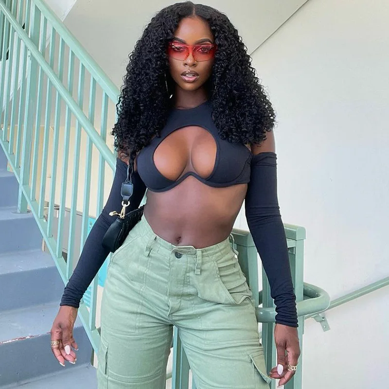 Women's sexy hollowed out crop top black T-shirt long sleeved Y2K chest hollowed out round neck long sleeved sleeve jacket short