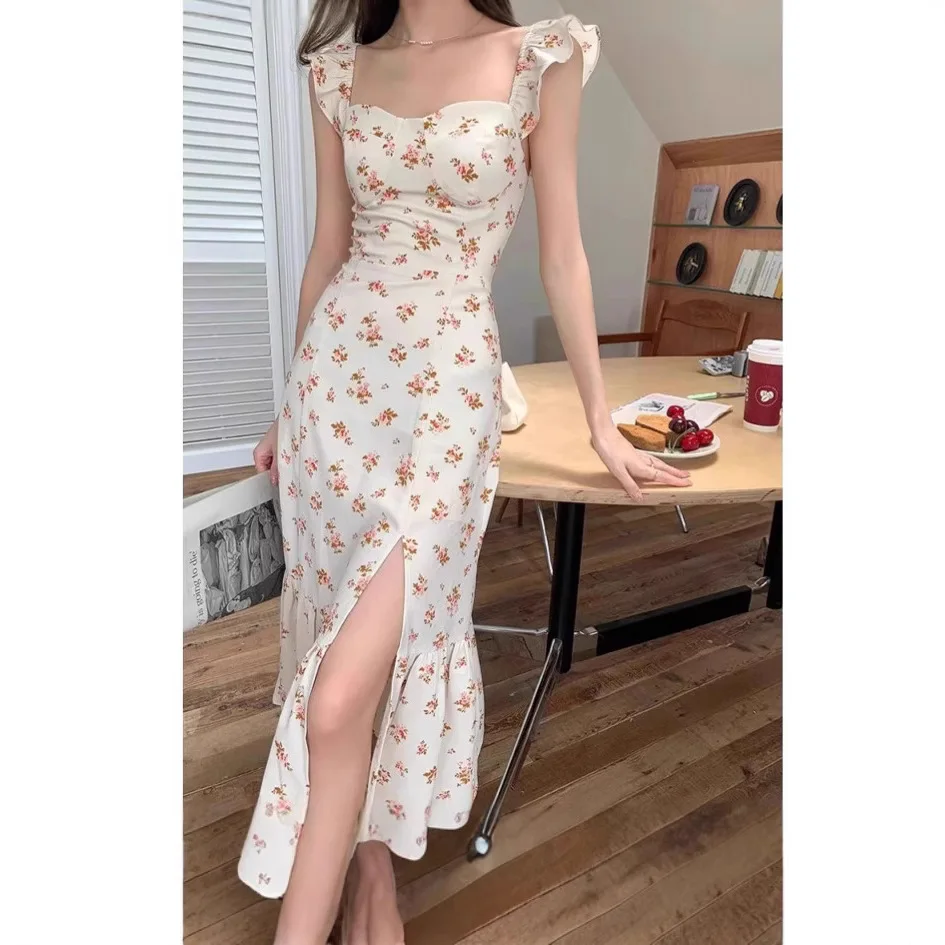 2026 New Gentle and Pure Wind Casual Split Lotus Leaf Floral Dress