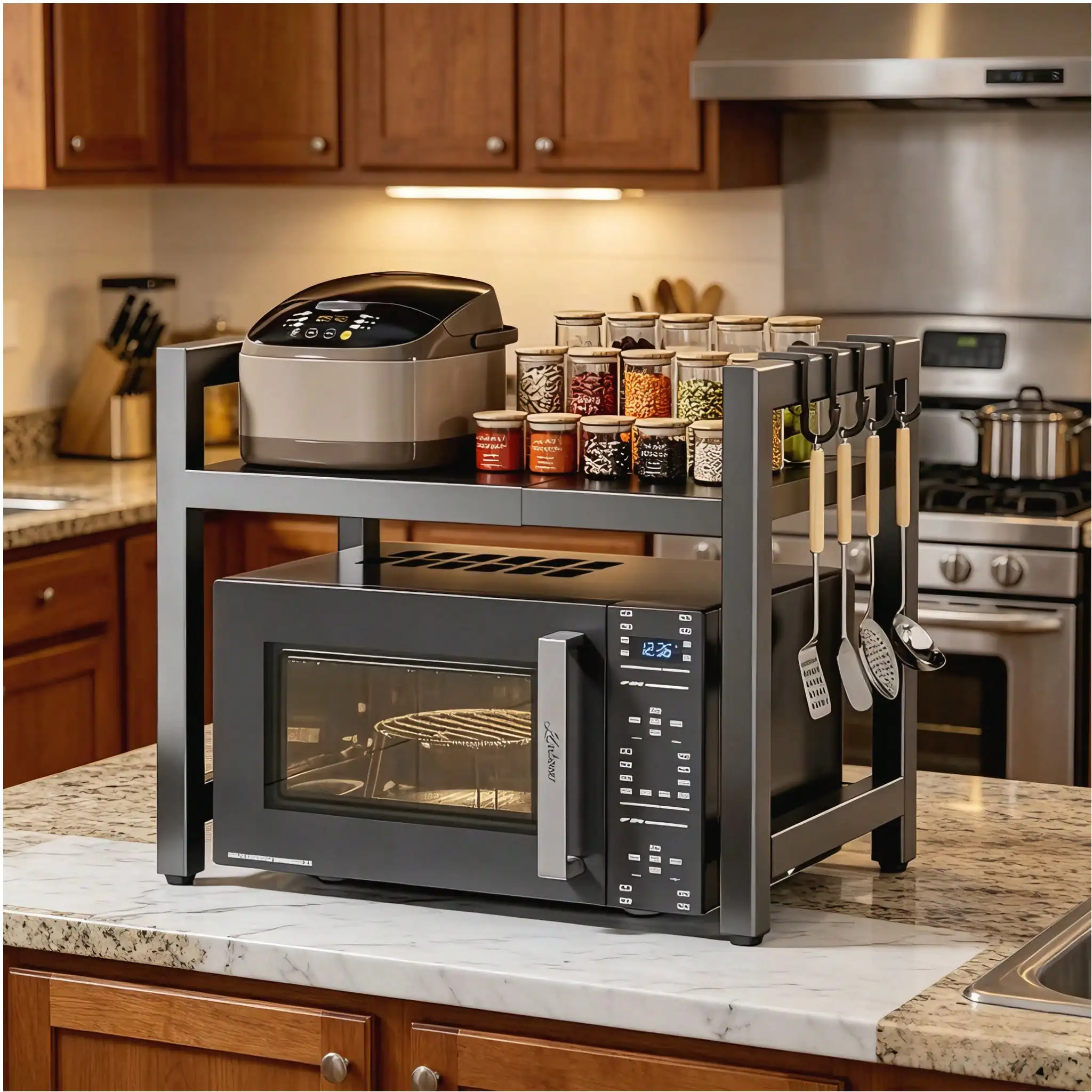 1 Set Of Kitchen Microwave Stand With Storage, With Storage Box, Hanging Rack, Adjustable And Expandable Microwave Rack & Storage, Strong Bearing Capacity, Suitable For Microwave Oven, Rice Cooker, Bowls, Cups.