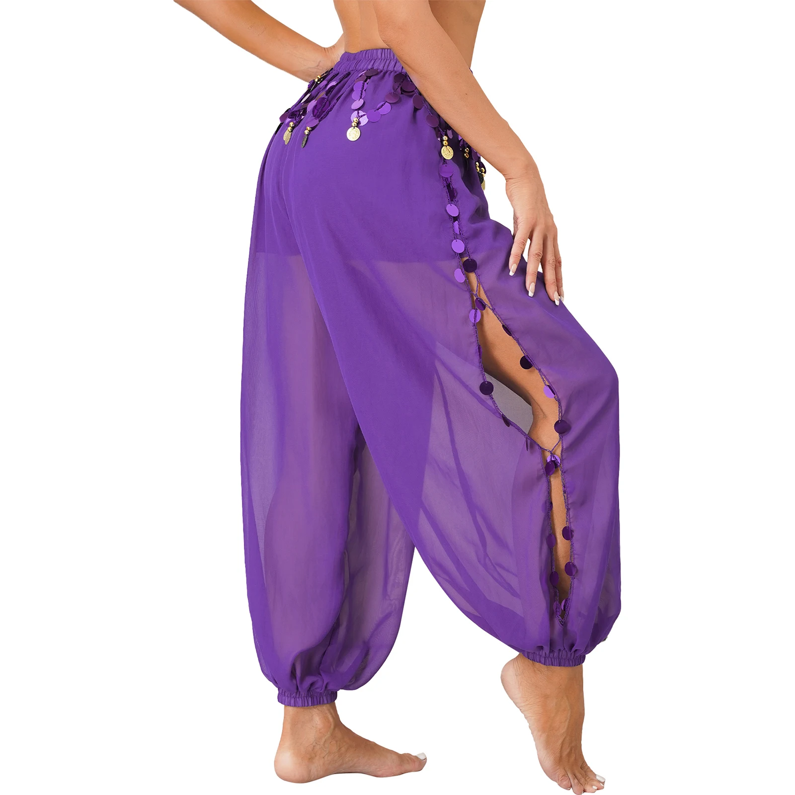 Womens Chiffon Belly Dance Harem Pants Arabic Halloween Coin Lantern Pants Bellydance Side Split Fancy Pants Bloomers Trousers