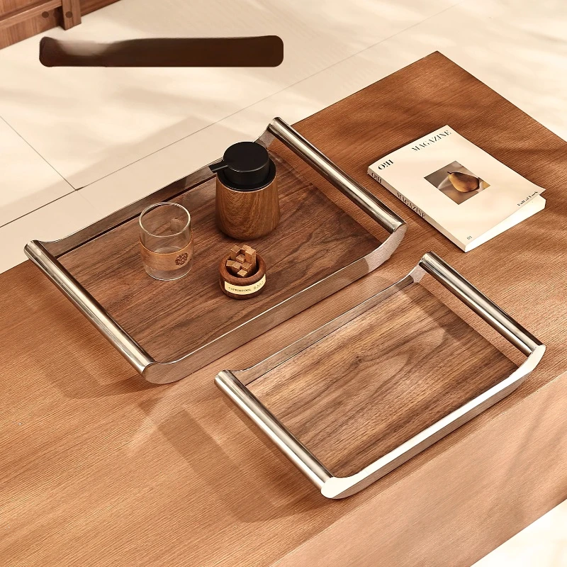 Walnut Wood Tray, Stainless Steel Rectangular Aromatherapy Display Board, Desktop Decoration, Home Storage Tea Tray, Pastry Tray