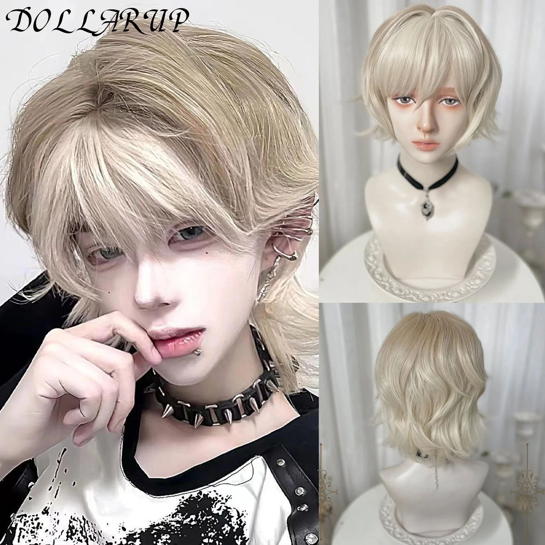 

JKL Короткие парики с головой кефали с челкой Синтетические прямые аниме Мужчины Цвет белого золота Зеленый парик из волос для повседневной вечеринки Косплей