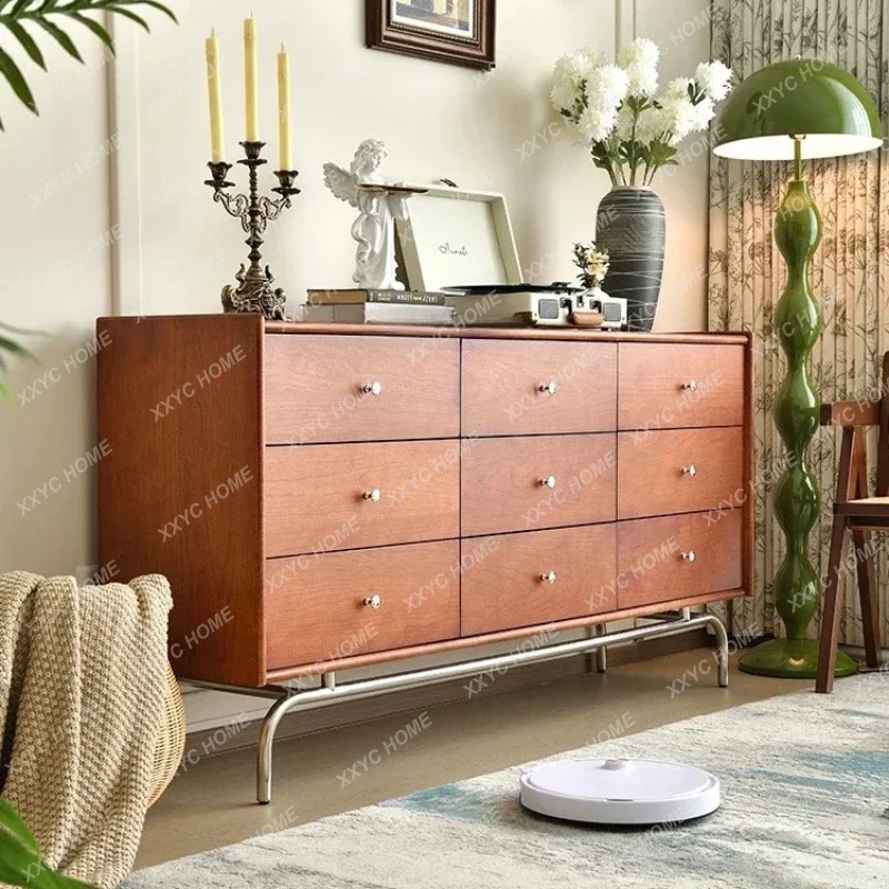 zq1Cherry wood solid wood chest retro style living room storage cabinet bedroom