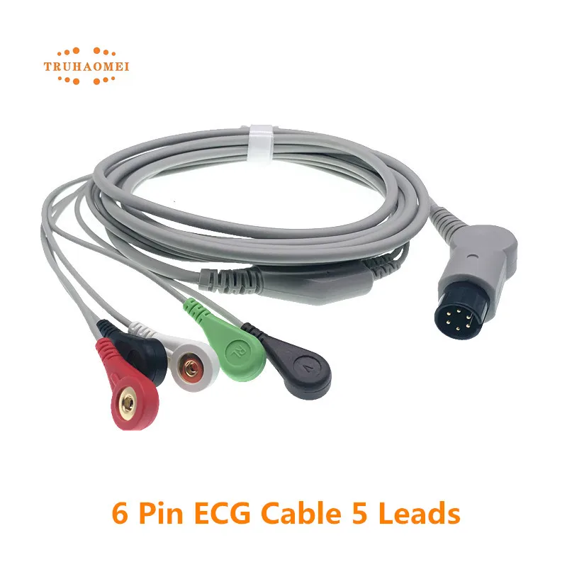 AAMI 6 Pin ECG Cable One Piece 3 Leads and 5 Leadwires Snap or Grabber AHA Veterinary Clip EKG Cable For Multi Brands Monitor