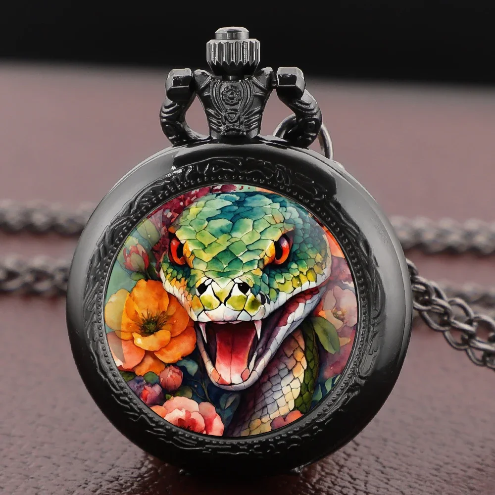 Fierce Snake Glass Dome Pocket Watch with Chain Women Necklace Pendant Clock Men Watch Children Gifts Relojes De Bolsillo