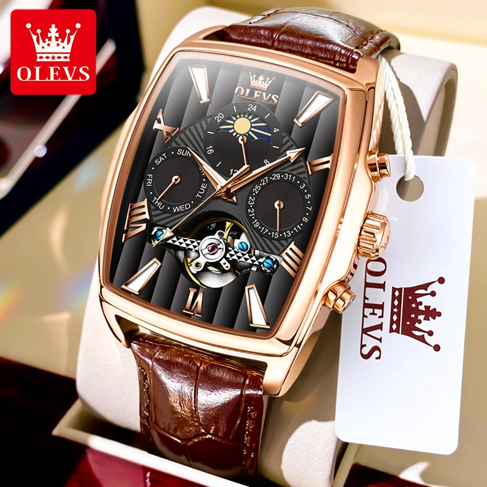 OLEVS New Automatic Mechanical Watch for Men Waterproof Luminous Skeleton Square Dial Moonswatch Chronograph Sports Men\'s Watch