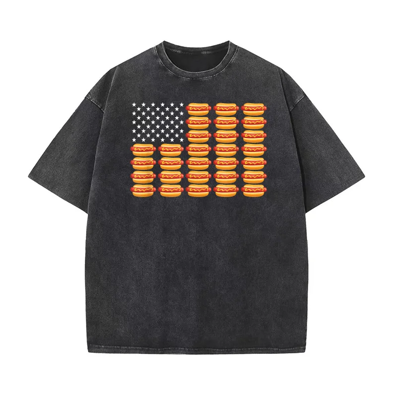

Hot Dog American Flag July 4th Patriotic Summer BBQ Funny T-shirt Mens Tee Shirts Short Sleeve Male Clothes Fashion Men