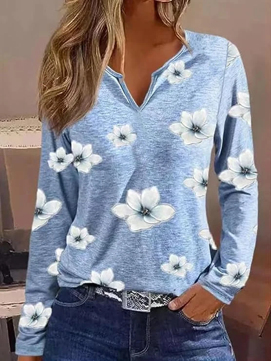 Women Fashion Floral Printed T-Shirts Casual V Neck Full Long Sleeve Shirts Tops Ladies Basic Kniited Tee Shirts