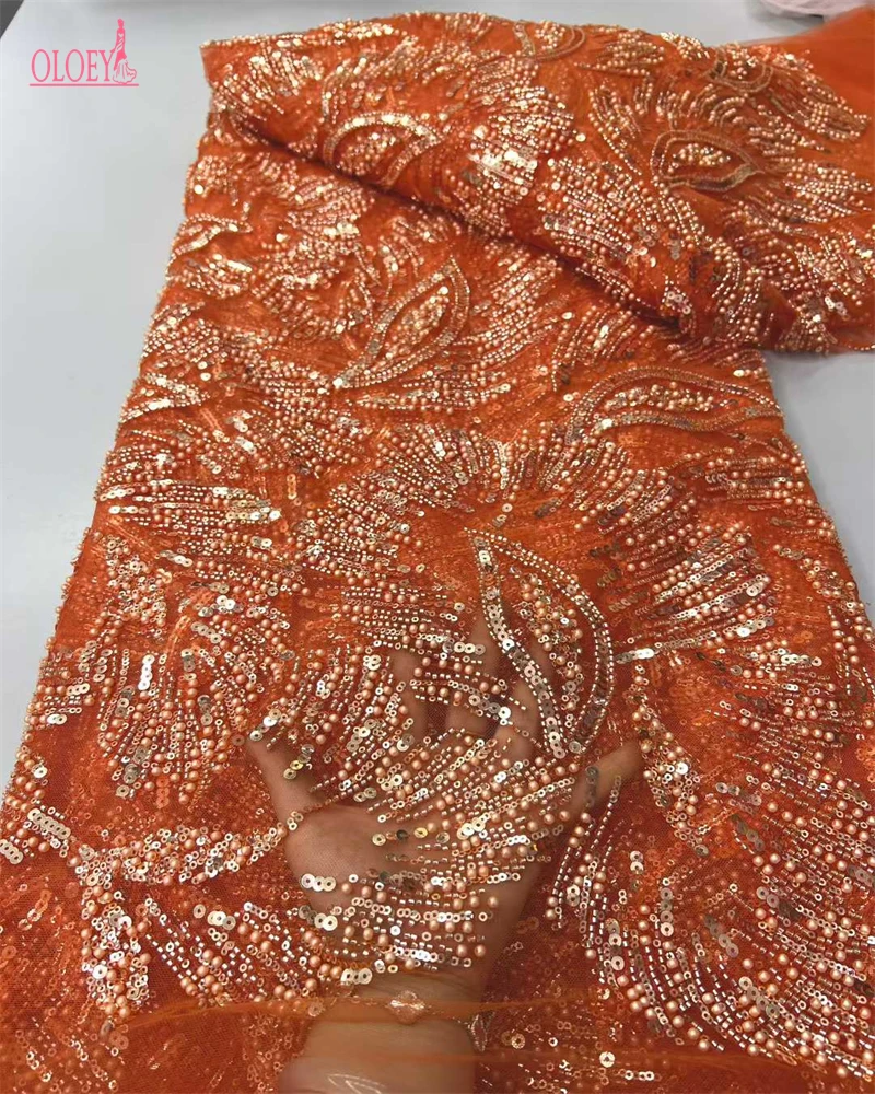 

African Nigerian High-Quality Tulle Lace Fabric with Sequins Guipure Beads Stone Embroidery for Sewing Dresses 5 Yards