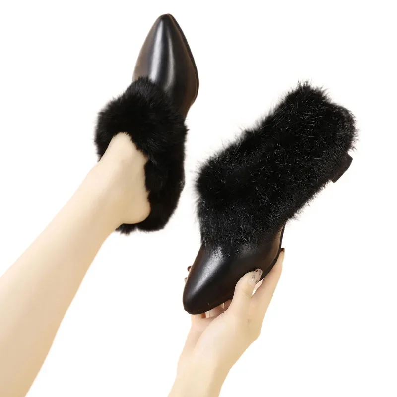 New Winter Woolen Close Toe Slippers Women Sexy Mules New Fashion Pointed Thick Heels Lazy Half Slippers Female Warm Shoes Black