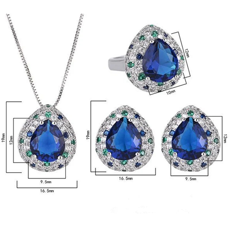 Jewelry Set for Women 4pcs Necklace Earring Ring Sets Created Sapphire Blue Gemstone Luxury Fashion Jewelry Party Accessories