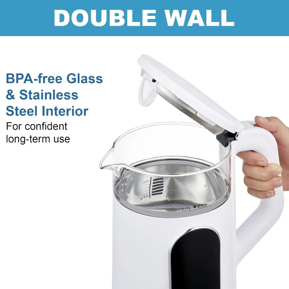 Chaleira elétrica, chaleira de água de vidro de ebulição rápida de 1500 W com controle de temperatura, base de aço inoxidável sem fio de 1,7 L, manter aquecido