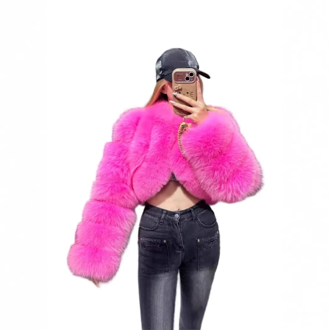 

Lady Faux Fur Jacket Asymmetric Designer Female Faux Fur Coat Thickened Winter Women Eco Fur Coat Brightly Colored V-Neck Short