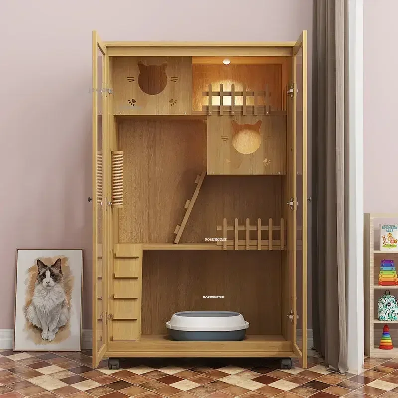 A Cat Cages Nordic Solid Wood  Pet Shop Cabinet Dogs Breathable Villa Multifunctional Cats House Kitten Litter Puppy NestZ