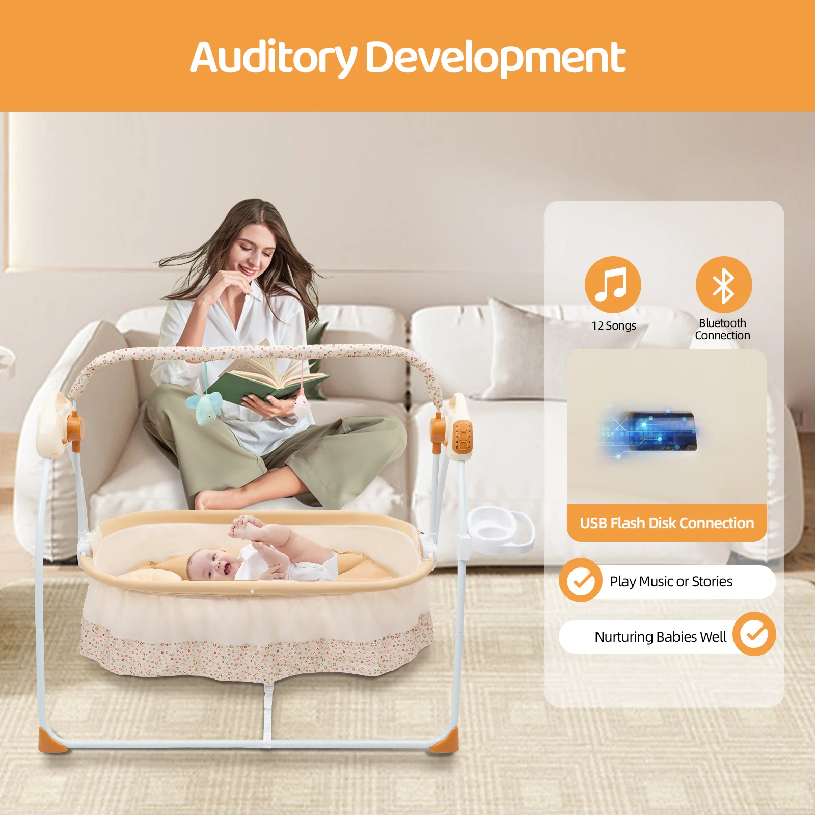 Culla elettrica per culla Telecomando uditivo Culla a dondolo pieghevole con oscillazione automatica Letto per dormire Cinghia/fibbie a forma di U per neonati