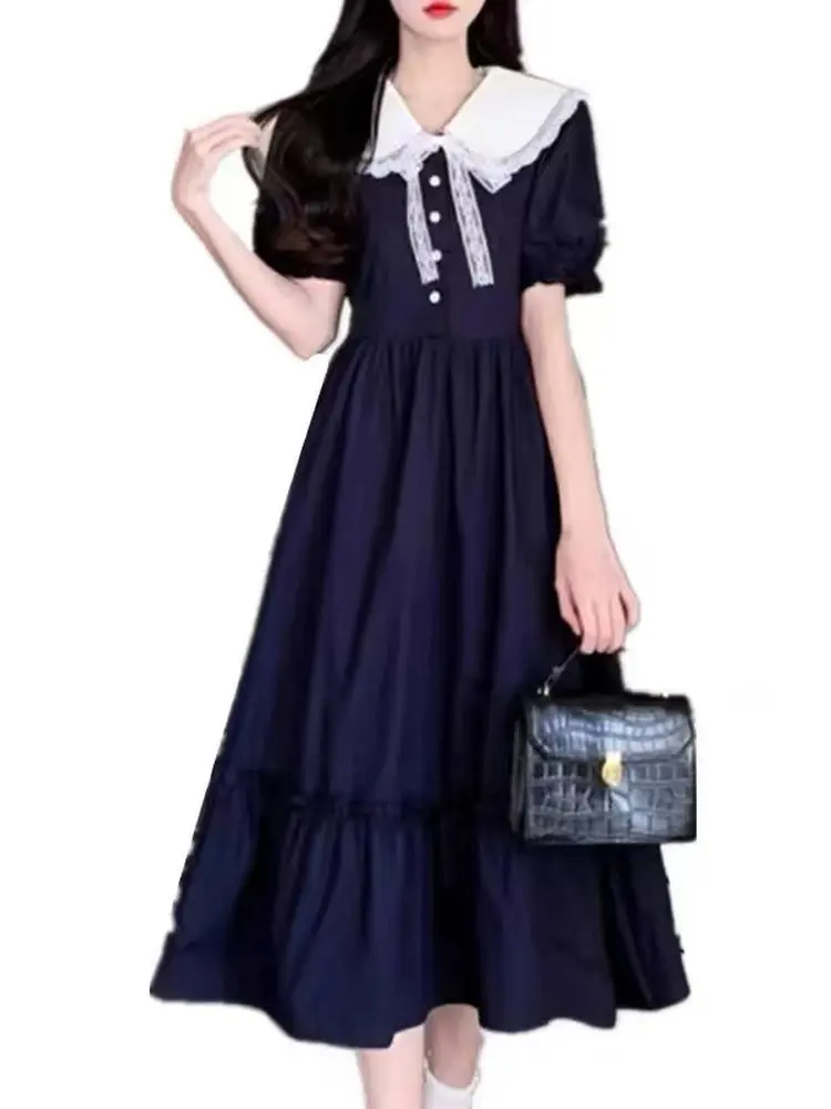 Dulce universidad Sle muñeca Collar dobladillo con volantes Dr mujeres verano talla grande estudiante chica adelgazante aspecto joven largo Dr