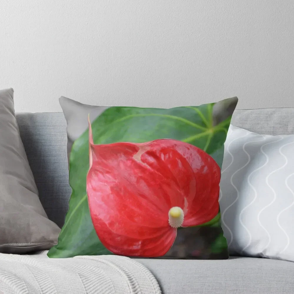 Red Heart Shaped Anthurium with Leaf Throw Pillow Sofa Cover Anime Embroidered Cushion Cover Luxury Pillow Cover pillow