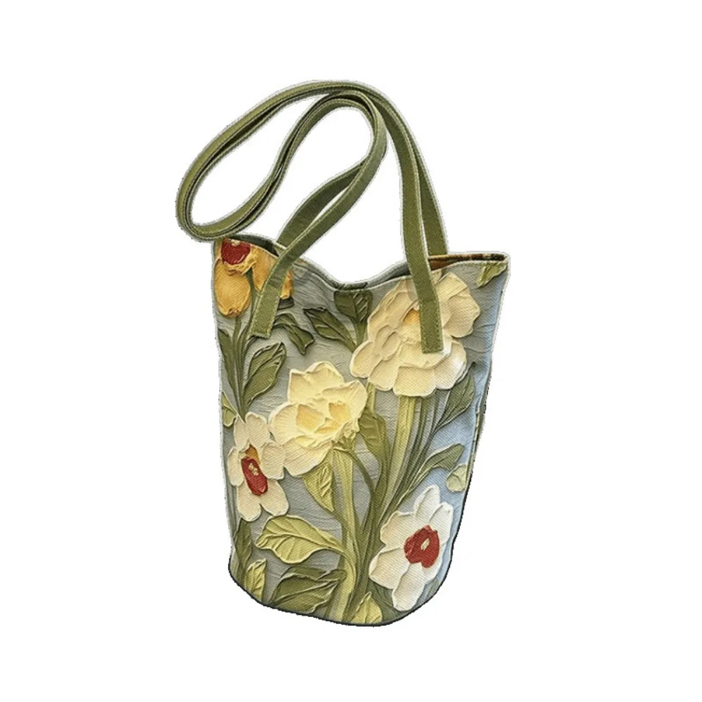 

Canvas Material Floral Pattern Bucket Bag Floral Design Versatile Style Large Capacity Shoulder Bag Crossbody Trendy