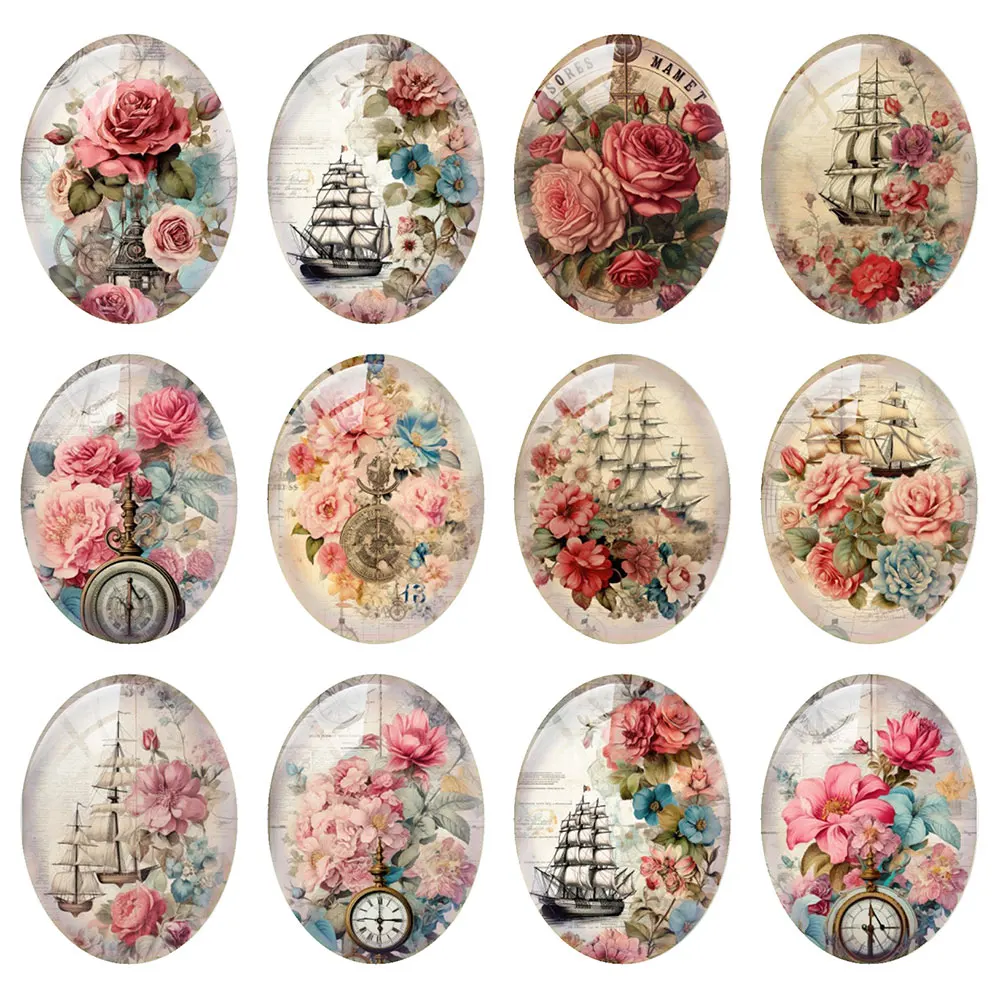 Random Mixed Round/Oval/Square Nautical Retro Floral Collage Photo Glass Cabochon Flatback Demo Cameo For Diy Jewelry Making