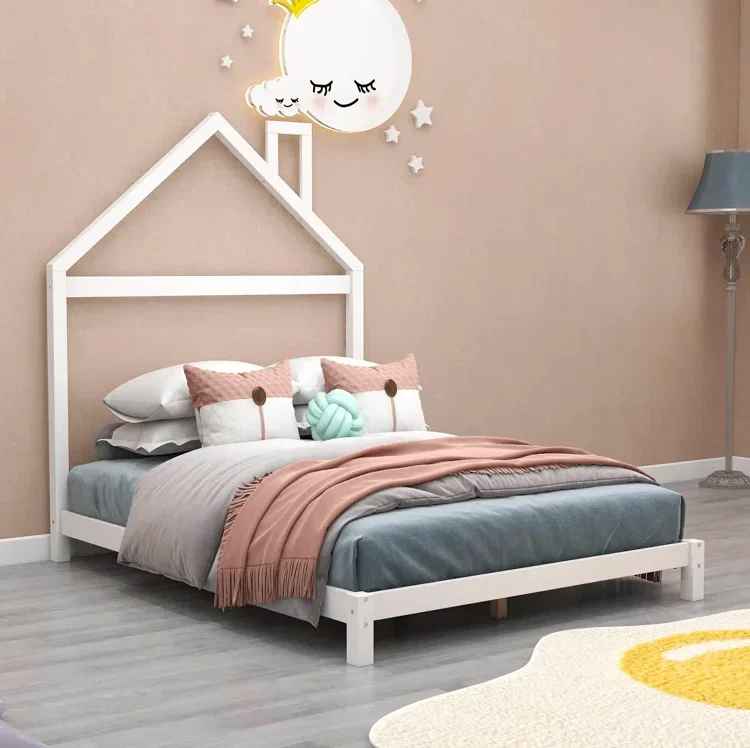 Platform Kids Beds with House-Shaped Headboard Bedroom Furniture Bunk Children Bed Wooden Solid Pine Bed