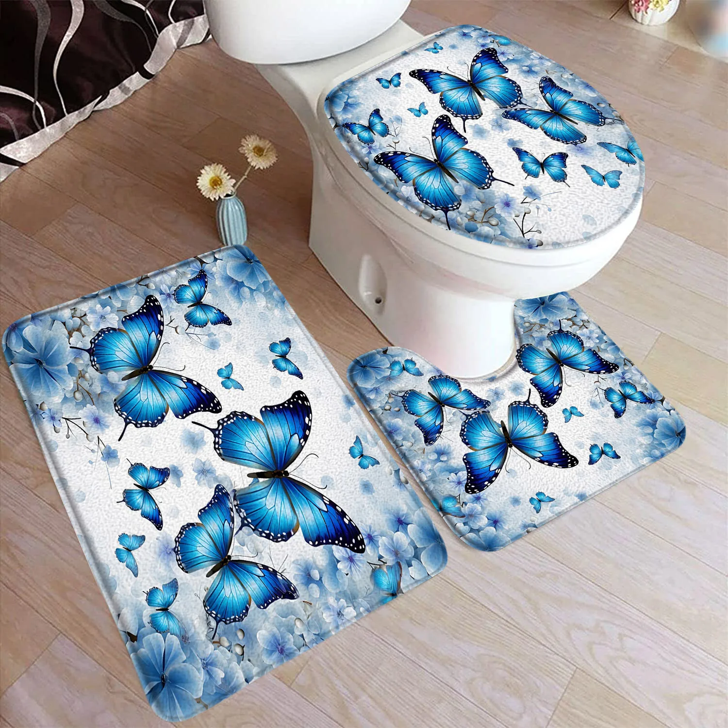Floral Blue Butterfly Bath Mat Set Hydrangea White Daisy Rustic Flower Plant Home Bathroom Decorative Floor Rug Toilet Lid Cover